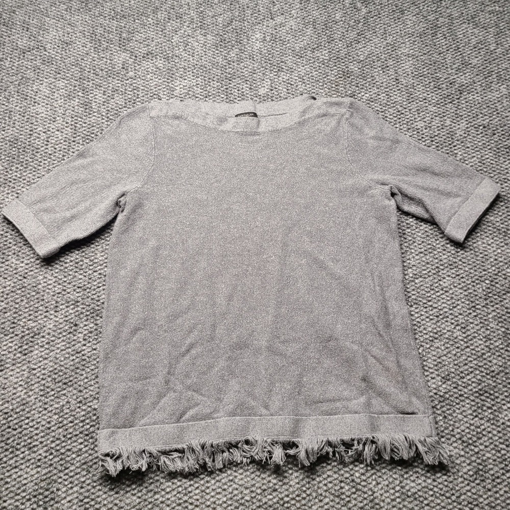 Ann Taylor Factory Gray Boat Neck Short Sleeve Fringe Hem Knit Top M 509310